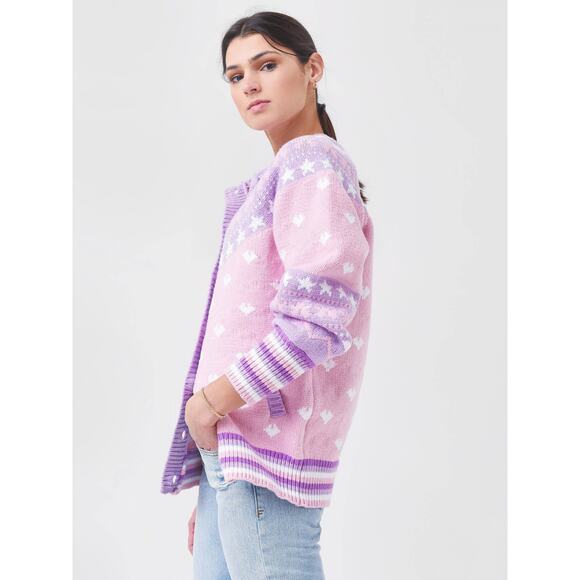 LoveShackFancy Amalo Boyfriend Cardigan Sweater Macaron Pink heart bow size XL - Picture 2 of 16